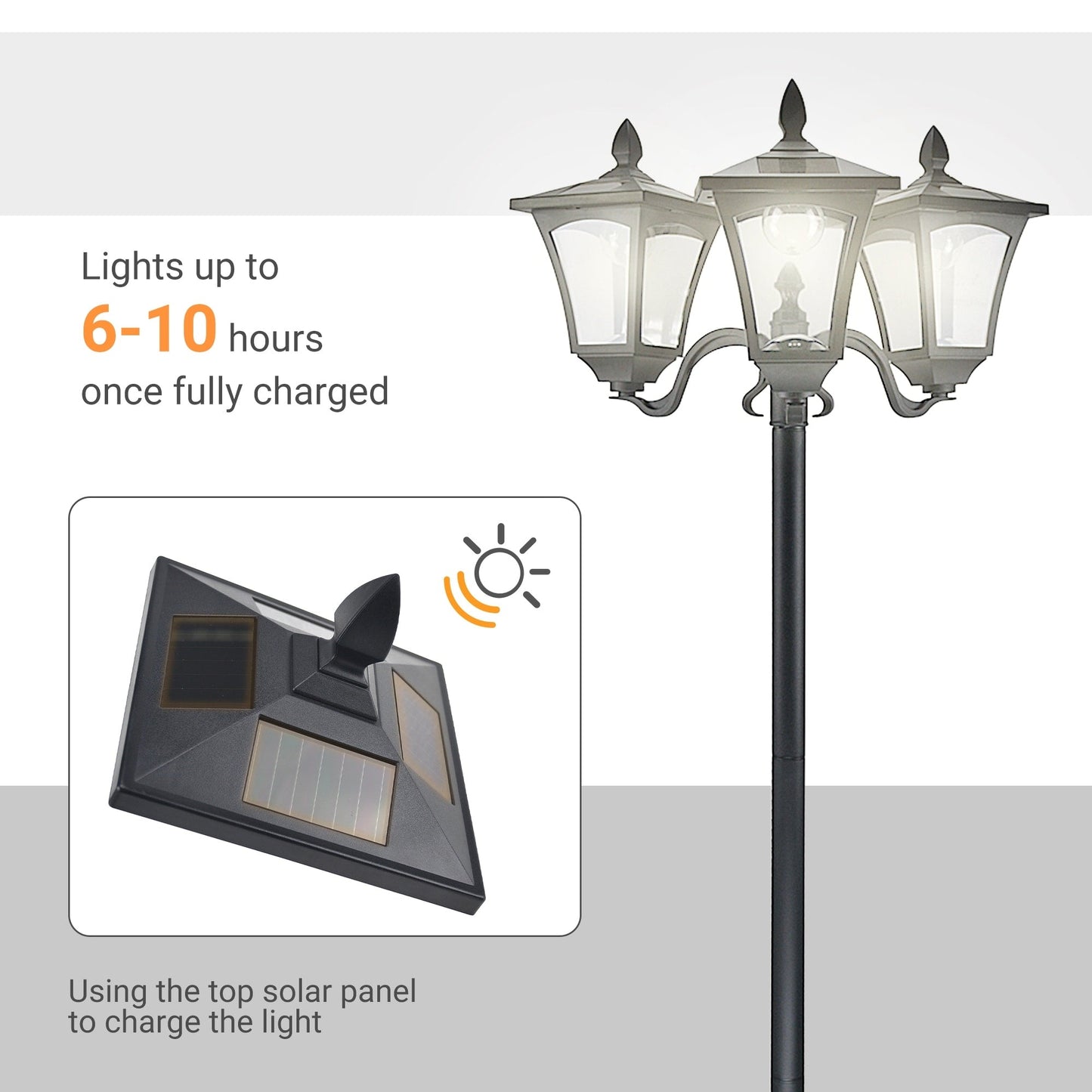 Outsunny 72 Solar Lamp Post, Triple-Head Street Light, All-Weather Waterproof Stainless Steel, Vintage Style for Garden, Lawn