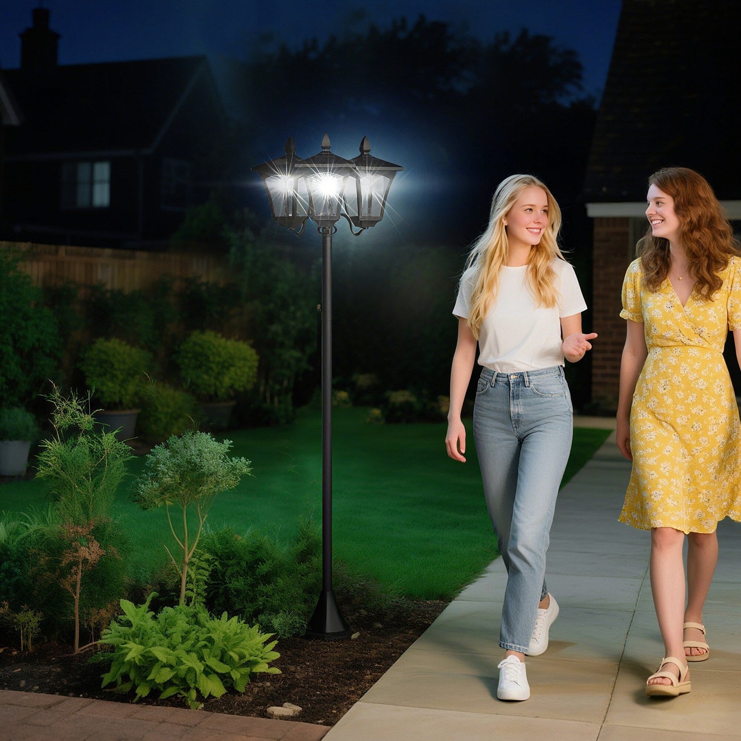 Outsunny 72 Solar Lamp Post, Triple-Head Street Light, All-Weather Waterproof Stainless Steel, Vintage Style for Garden, Lawn