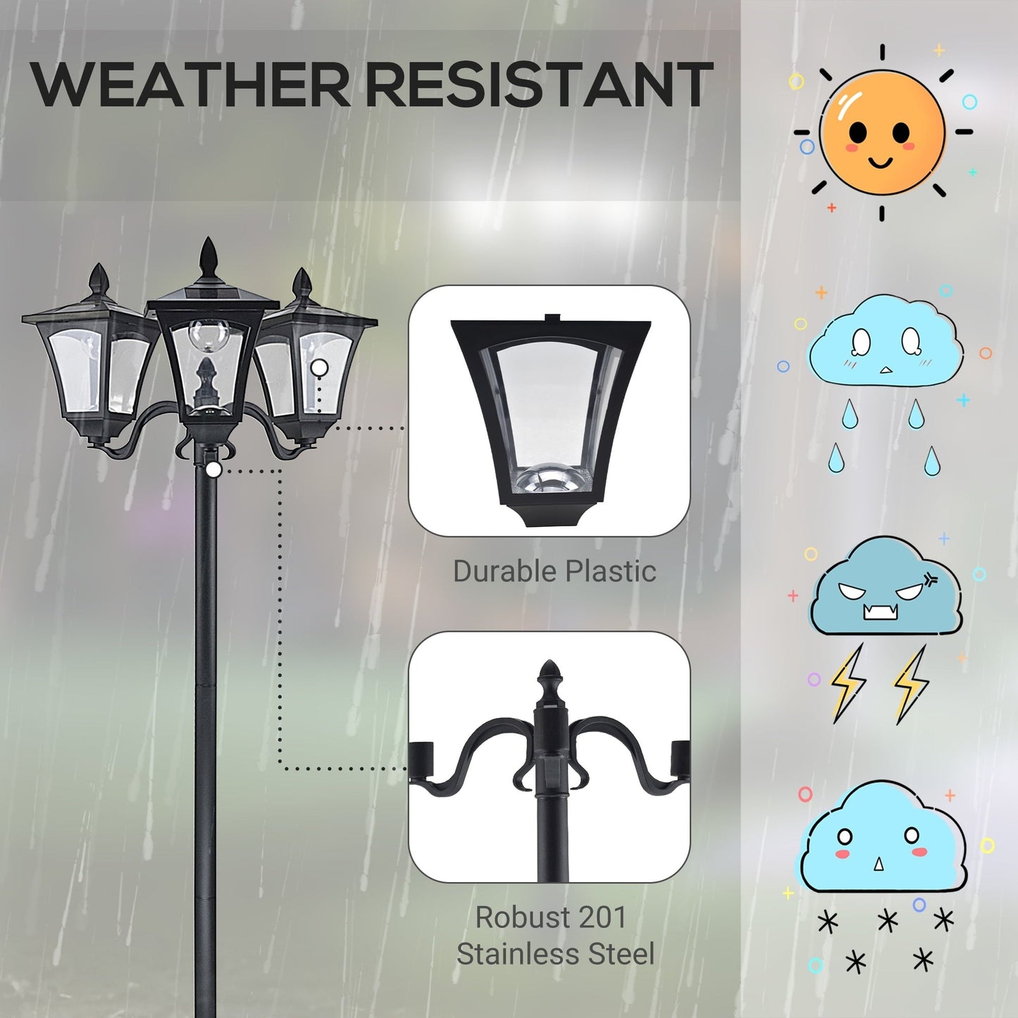 Outsunny 72 Solar Lamp Post, Triple-Head Street Light, All-Weather Waterproof Stainless Steel, Vintage Style for Garden, Lawn
