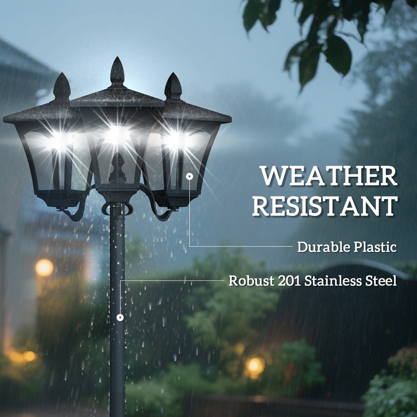 Outsunny 72 Solar Lamp Post, Triple-Head Street Light, All-Weather Waterproof Stainless Steel, Vintage Style for Garden, Lawn