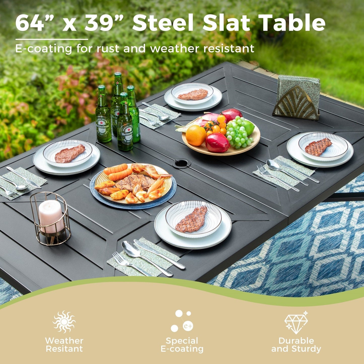Ensemble de salle à manger de patio 7 pièces avec revêtement en métal E-coating, comprenant 6 chaises à dossier amélioré et une table en métal avec trou pour parasol