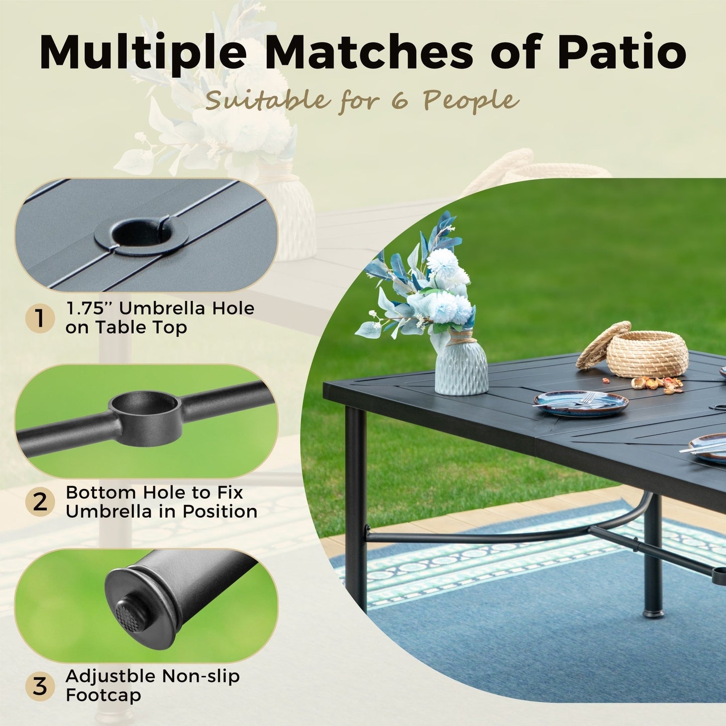 Ensemble de salle à manger de patio 7 pièces avec revêtement en métal E-coating, comprenant 6 chaises à dossier amélioré et une table en métal avec trou pour parasol