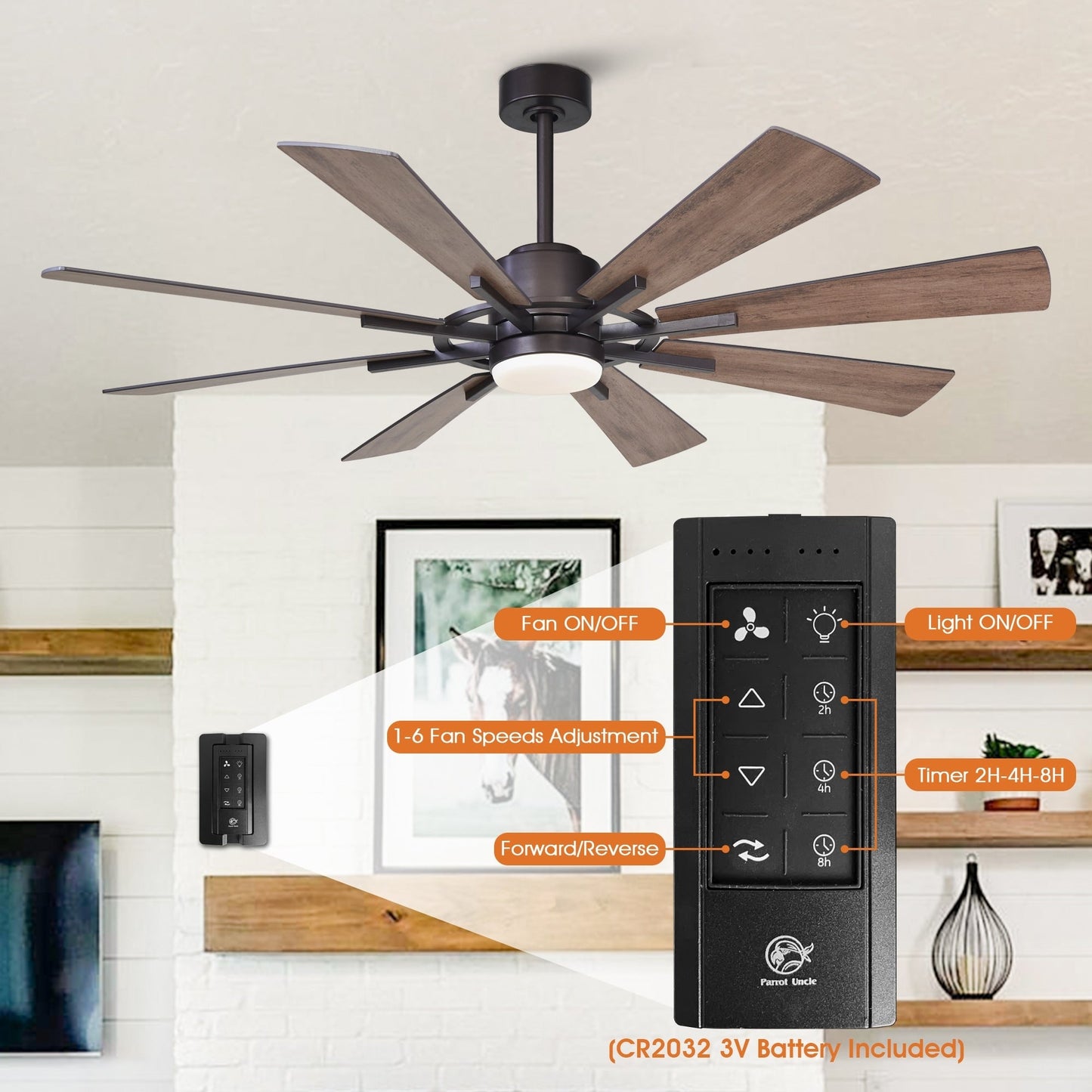 Parrot Uncle 60 Farmhouse Integrated LED Windmill Ceiling Fan with Light and Remote