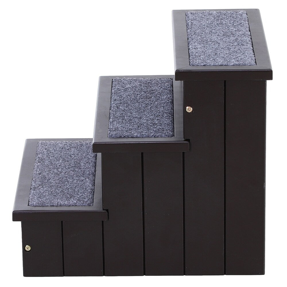 PawHut 3 Step Wooden Carpeted Non Slip Pet Stairs Ramp for Cats and Small Dogs - Brown