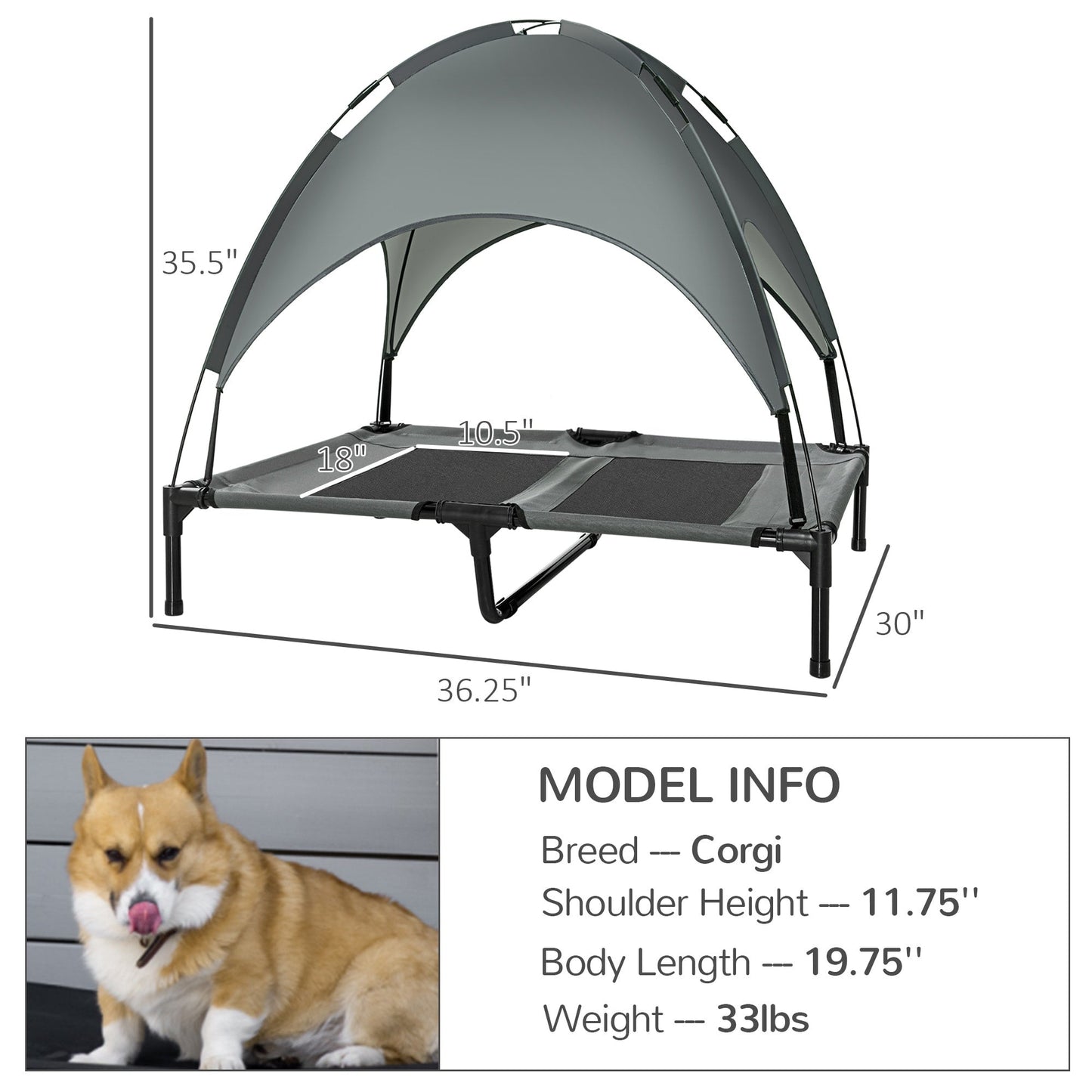 PawHut 36 x 30 Elevated Dog Cot Cooling Pet Bed With UV Protection Canopy Shade