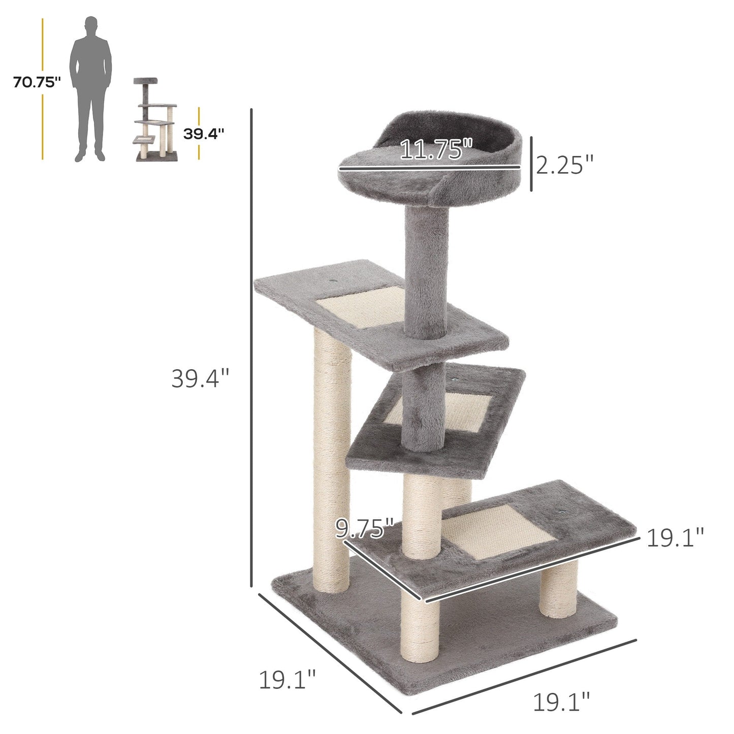 PawHut 40 5-Level Revolving Stair Cat Tree Scratcher Climbing Activity Tower with Play Center and Resting Perch, Grey