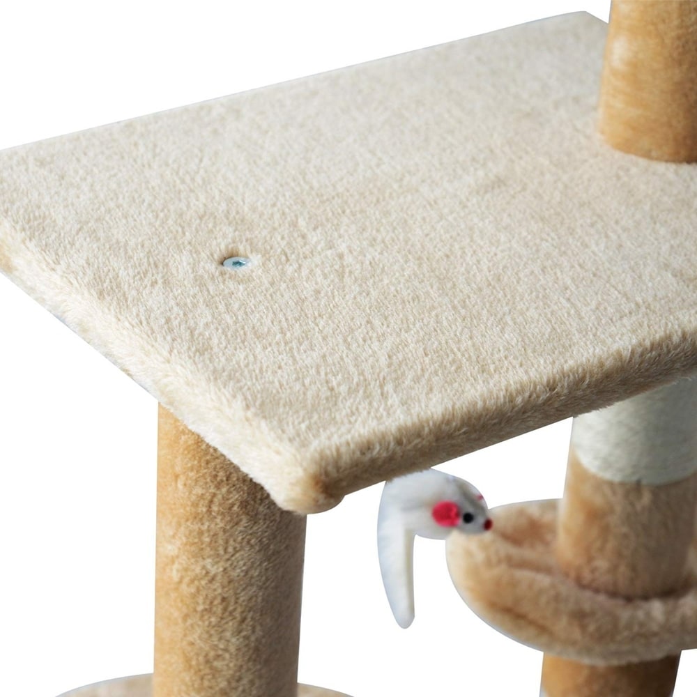 PawHut 52 Plush Sturdy Interactive Cat Condo Tower Scratching Post Activity Tree House - Beige