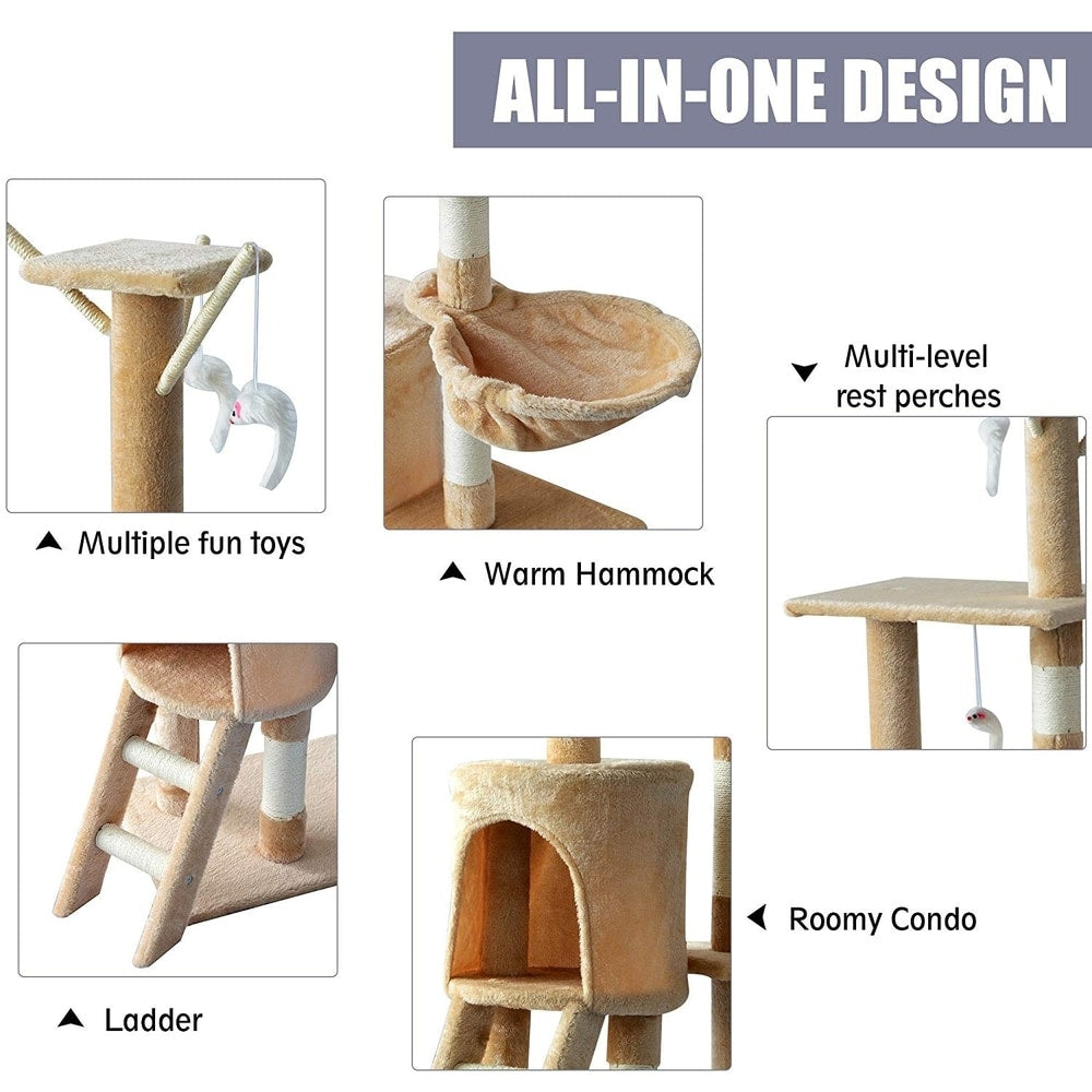 PawHut 52 Plush Sturdy Interactive Cat Condo Tower Scratching Post Activity Tree House - Beige