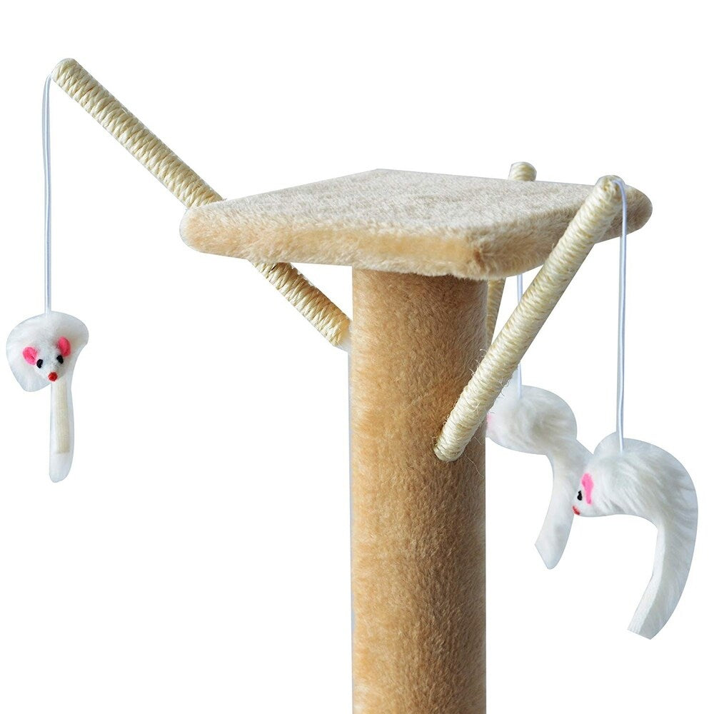PawHut 52 Plush Sturdy Interactive Cat Condo Tower Scratching Post Activity Tree House - Beige