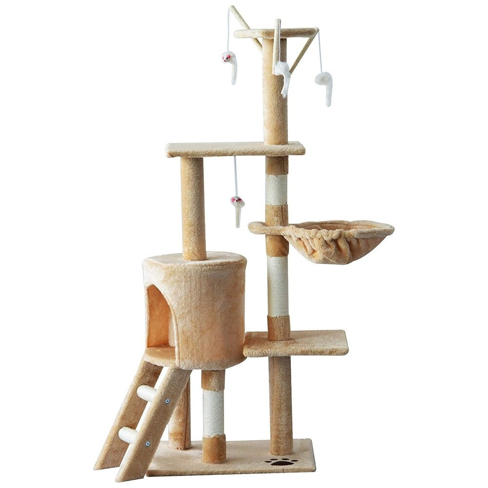 PawHut 52 Plush Sturdy Interactive Cat Condo Tower Scratching Post Activity Tree House - Beige