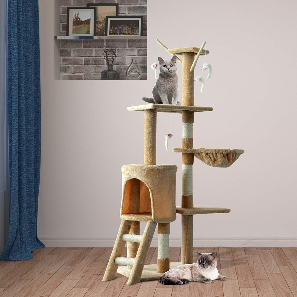 PawHut 52 Plush Sturdy Interactive Cat Condo Tower Scratching Post Activity Tree House - Beige