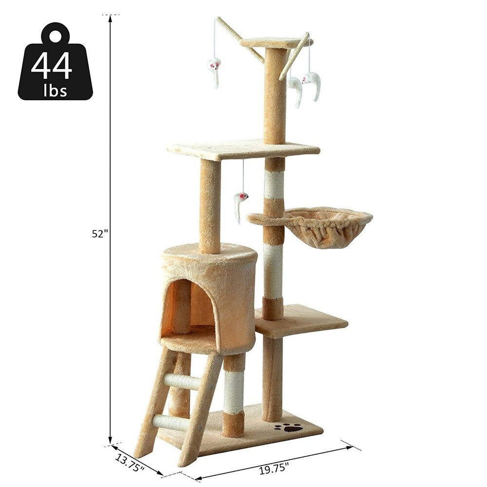 PawHut 52 Plush Sturdy Interactive Cat Condo Tower Scratching Post Activity Tree House - Beige