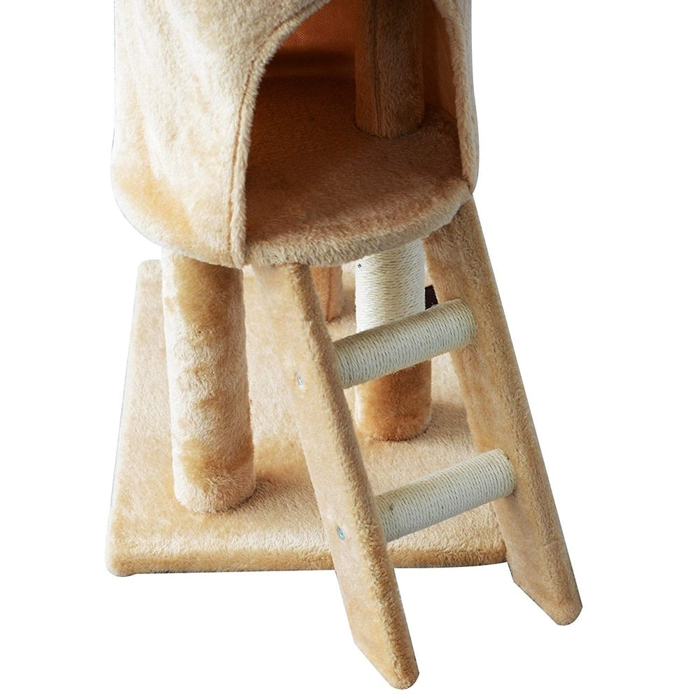 PawHut 52 Plush Sturdy Interactive Cat Condo Tower Scratching Post Activity Tree House - Beige