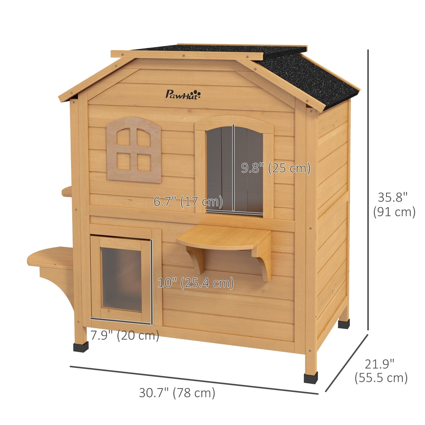 PawHut Fir Wood 2-Story Outdoor Cat House, Wooden Feral Cat Shelter with Openable Asphalt Roof for Indoor/Outdoor, White / Grey