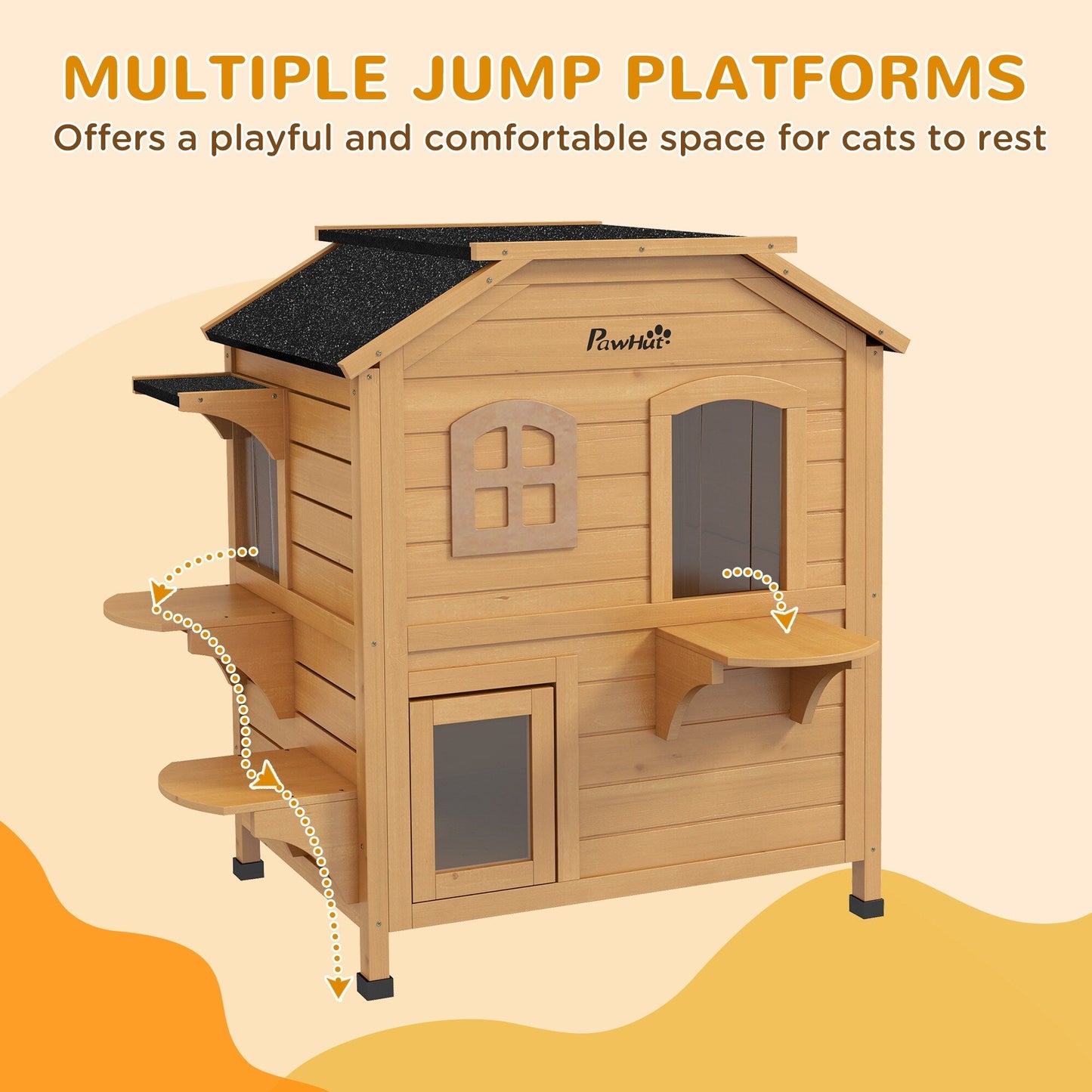 PawHut Fir Wood 2-Story Outdoor Cat House, Wooden Feral Cat Shelter with Openable Asphalt Roof for Indoor/Outdoor, White / Grey