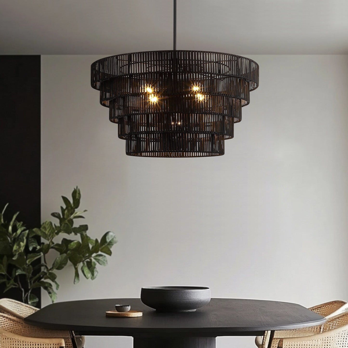 Piersan 5-Light Modern Bohemian Chandelier with Tiered Rattan Shade - 26 in. W