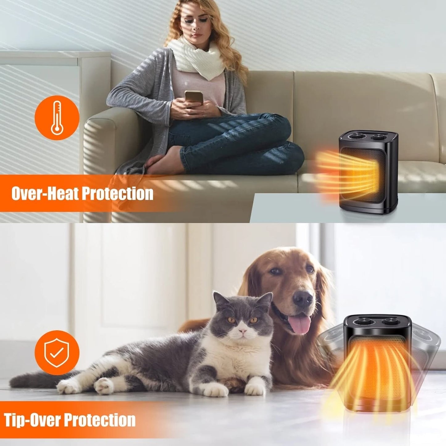 Portable Electric Heater Ceramic Fan Small Mini Heaters Indoor Use ETL Certified 3 Modes Thermostat - 7.28D x 6.5W x 9.65H