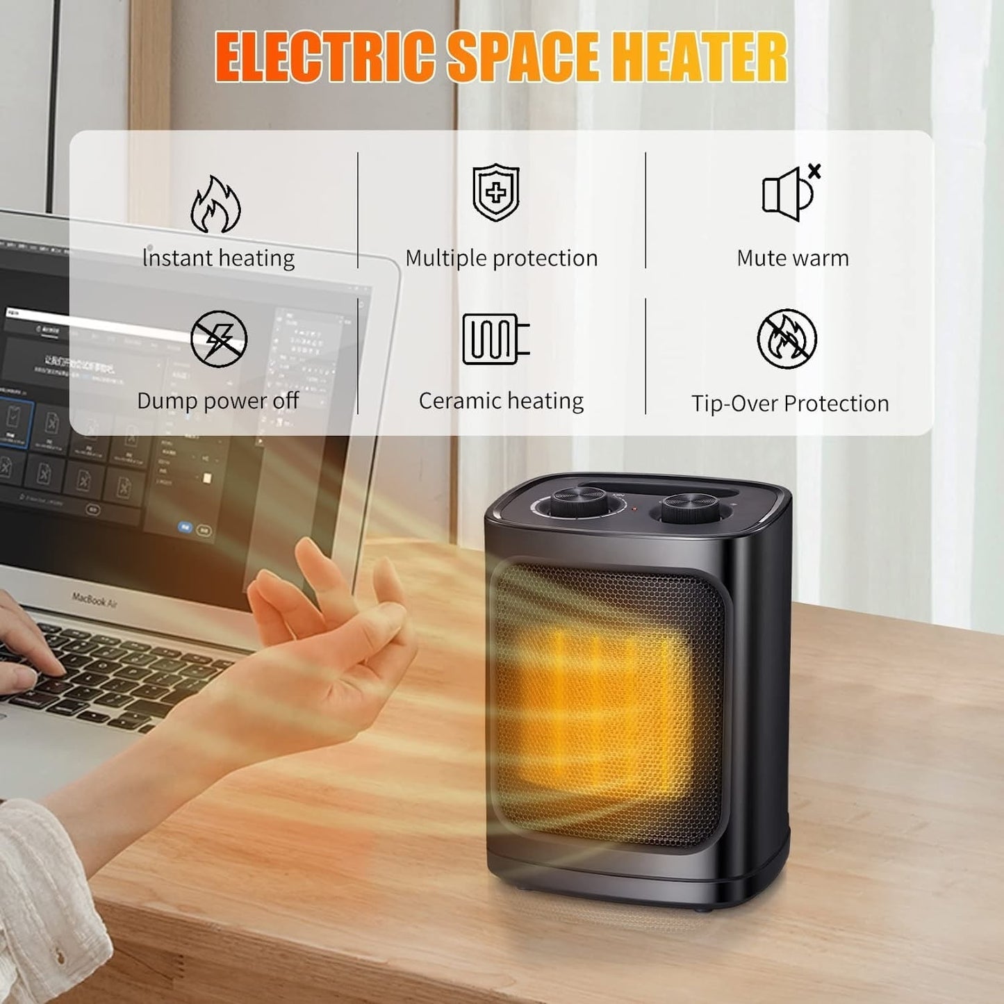 Portable Electric Heater Ceramic Fan Small Mini Heaters Indoor Use ETL Certified 3 Modes Thermostat - 7.28D x 6.5W x 9.65H