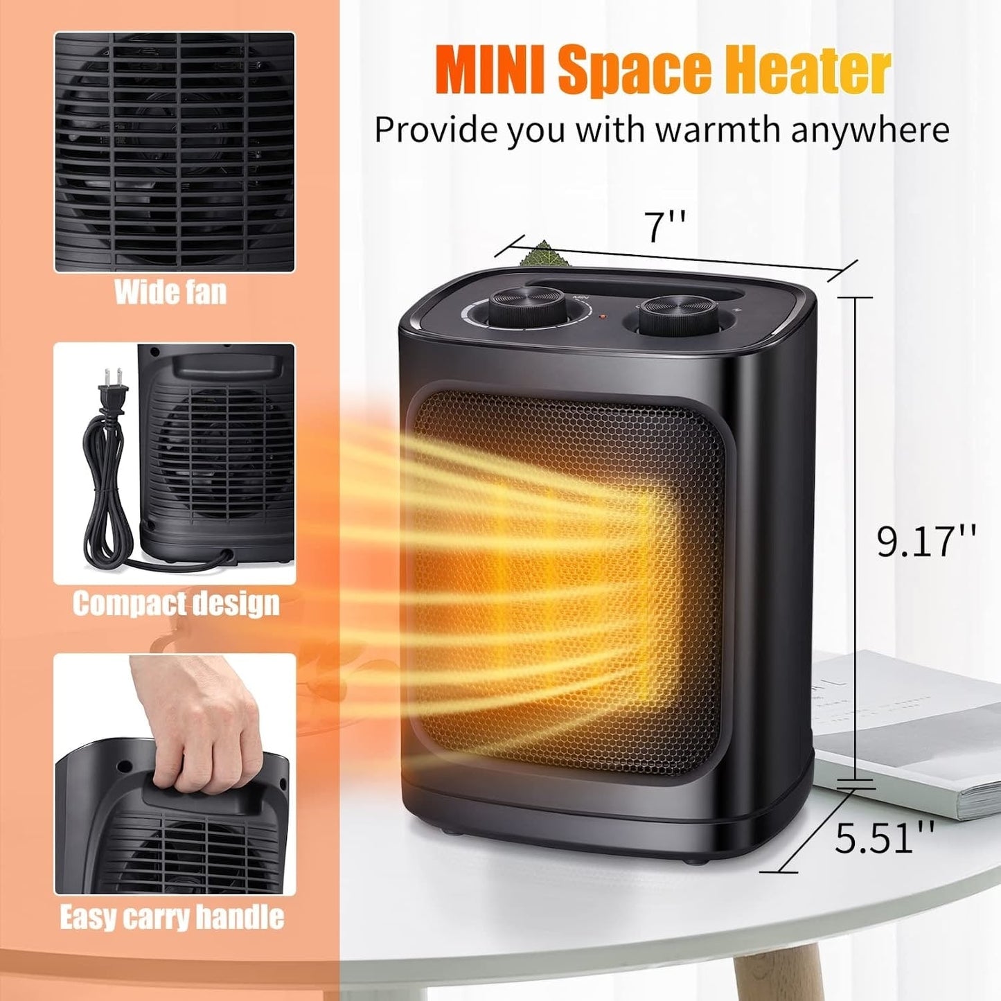 Portable Electric Heater Ceramic Fan Small Mini Heaters Indoor Use ETL Certified 3 Modes Thermostat - 7.28D x 6.5W x 9.65H