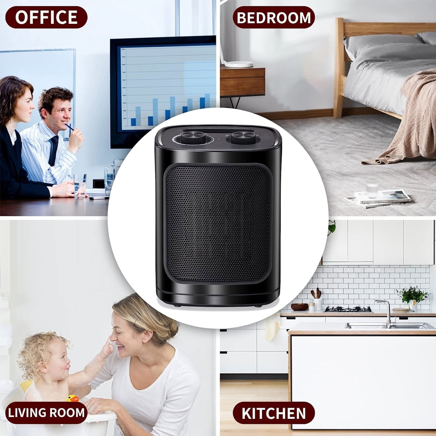 Portable Electric Heater Ceramic Fan Small Mini Heaters Indoor Use ETL Certified 3 Modes Thermostat - 7.28D x 6.5W x 9.65H