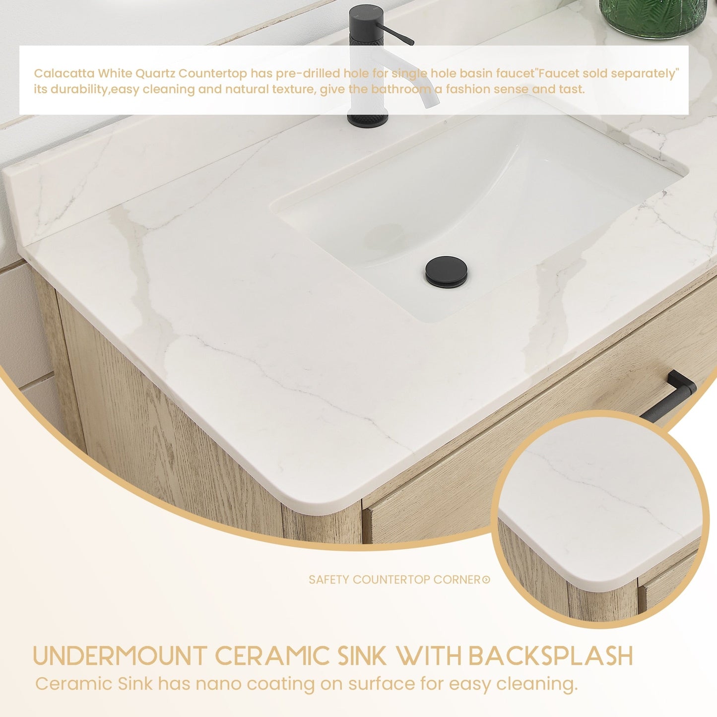 Porto Bath Vanity with White Quartz Stone Top without Mirror