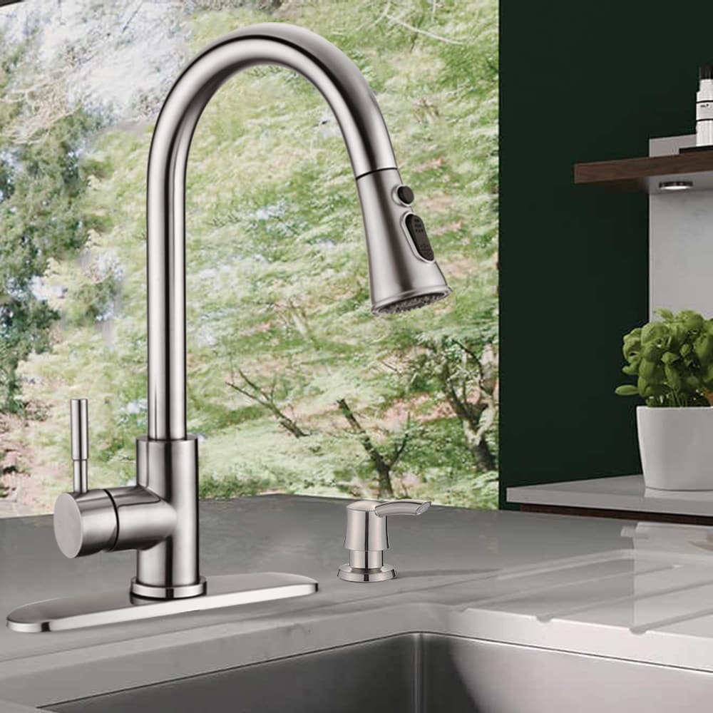 Proox Commercial Single Handle Pull Down Sprayer Kitchen Sink Faucet with Soap Dispenser