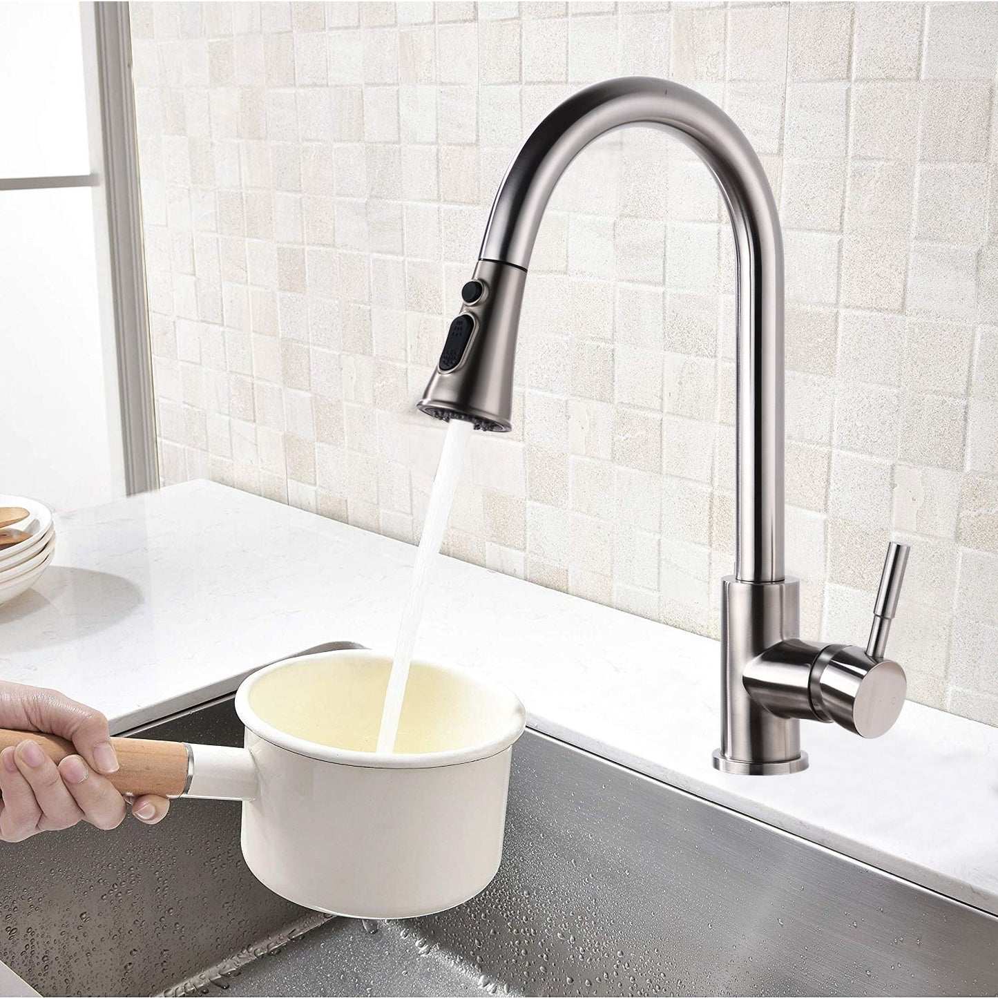 Proox Commercial Single Handle Pull Down Sprayer Kitchen Sink Faucet with Soap Dispenser