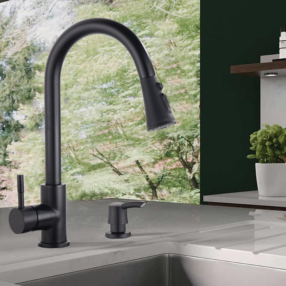 Proox Commercial Single Handle Pull Down Sprayer Kitchen Sink Faucet with Soap Dispenser