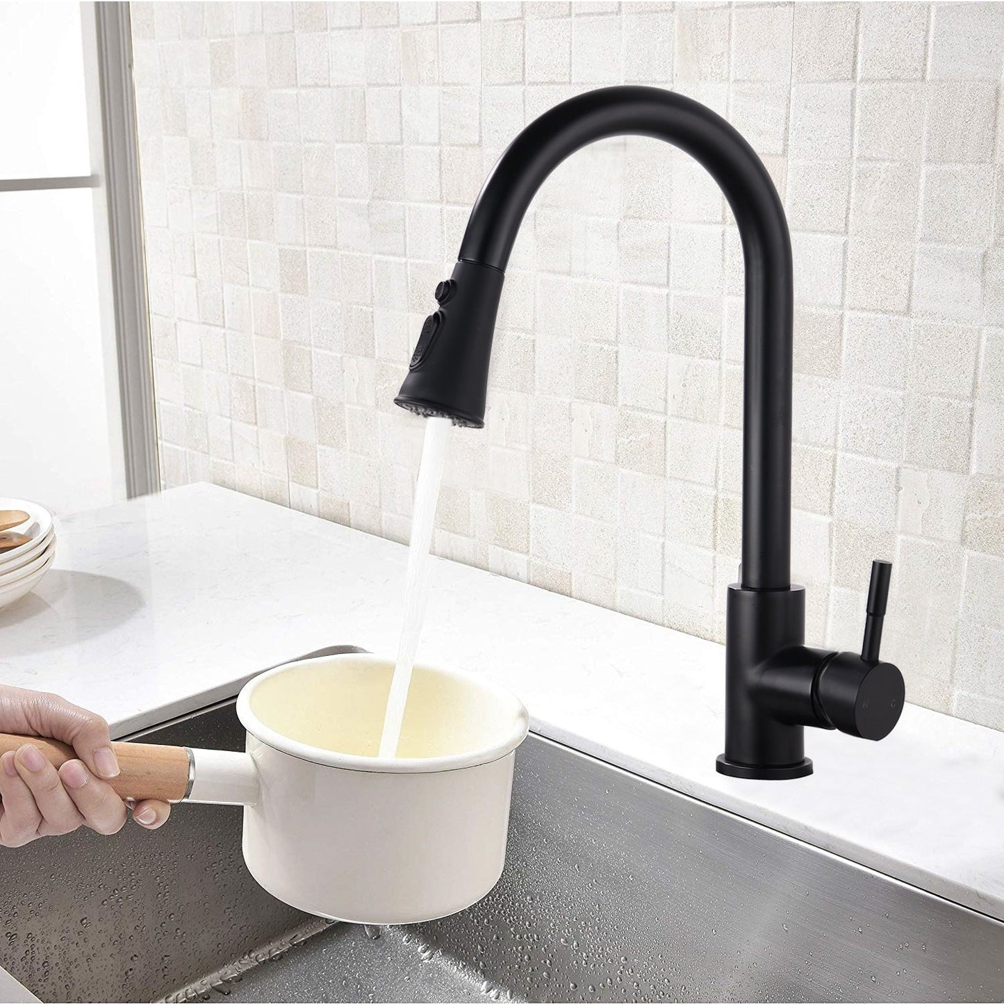 Proox Commercial Single Handle Pull Down Sprayer Kitchen Sink Faucet with Soap Dispenser