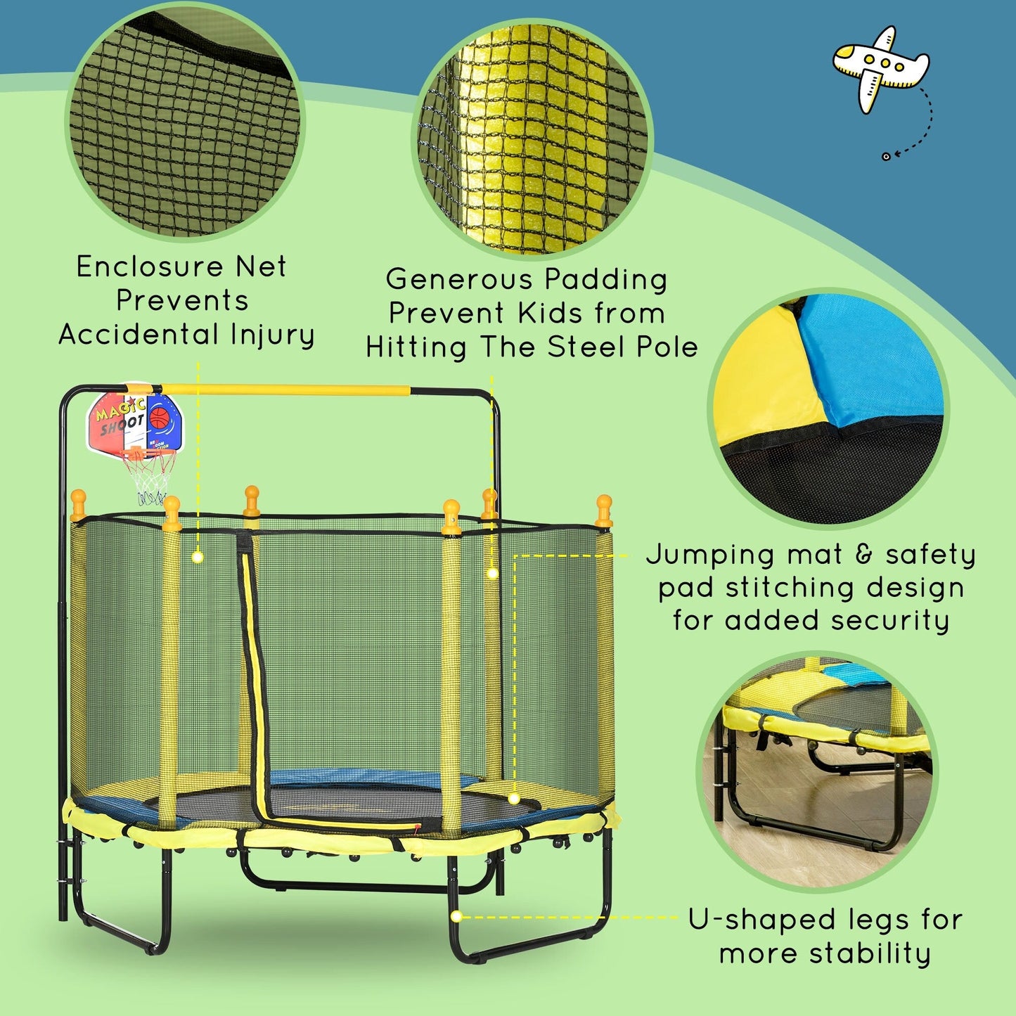Qaba 4.6' Kids Trampoline with Basketball Hoop, Horizontal Bar, 55 Indoor Trampoline with Net