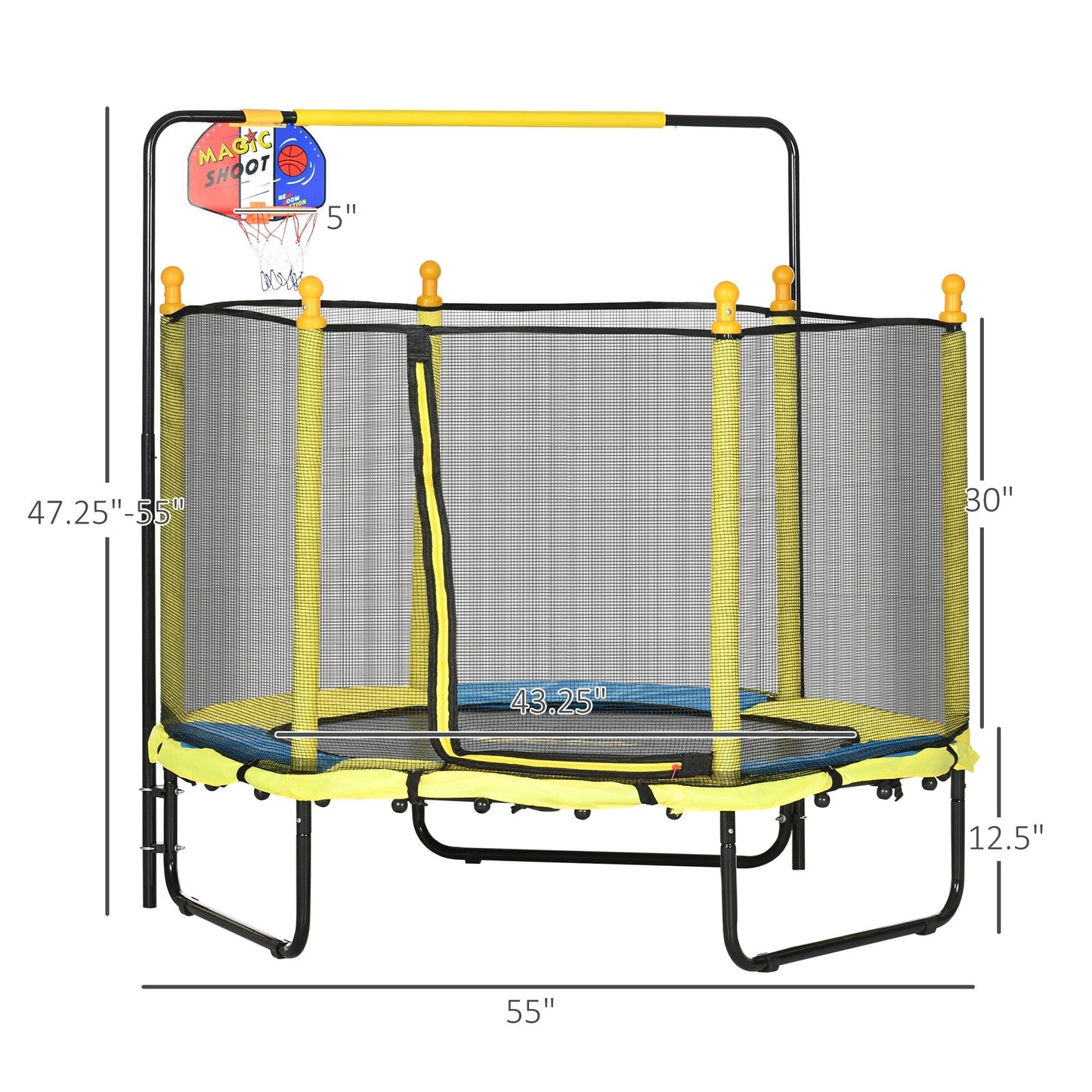 Qaba 4.6' Kids Trampoline with Basketball Hoop, Horizontal Bar, 55 Indoor Trampoline with Net