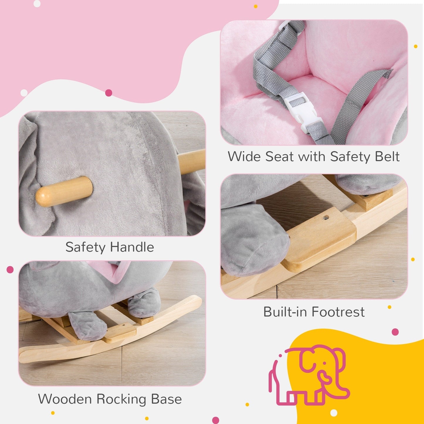 Qaba Baby Rocking Horse Elephant Rocking Chair Toddler Rocker Toy with Sound Wooden Base Seat Safety Belt for 1.5-3 Year Old