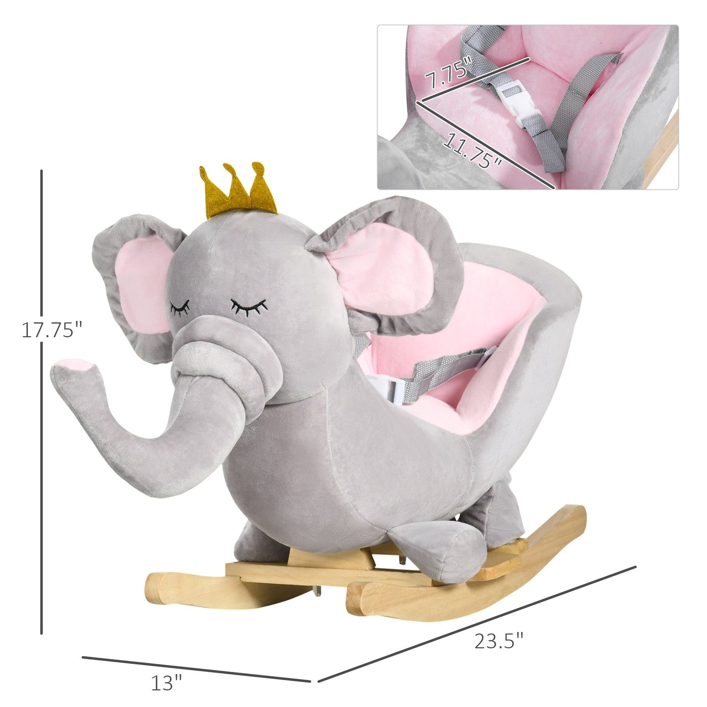 Qaba Baby Rocking Horse Elephant Rocking Chair Toddler Rocker Toy with Sound Wooden Base Seat Safety Belt for 1.5-3 Year Old