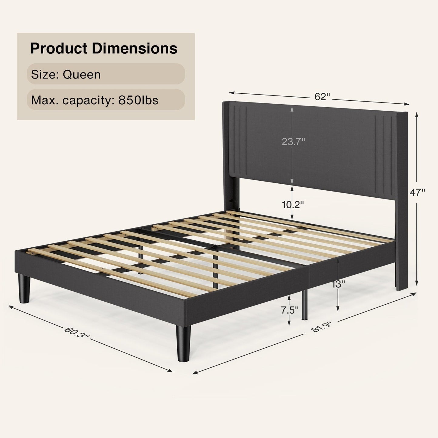 Queen/ Full Vertical Channels Upholstered Bed with Wingback Headboard