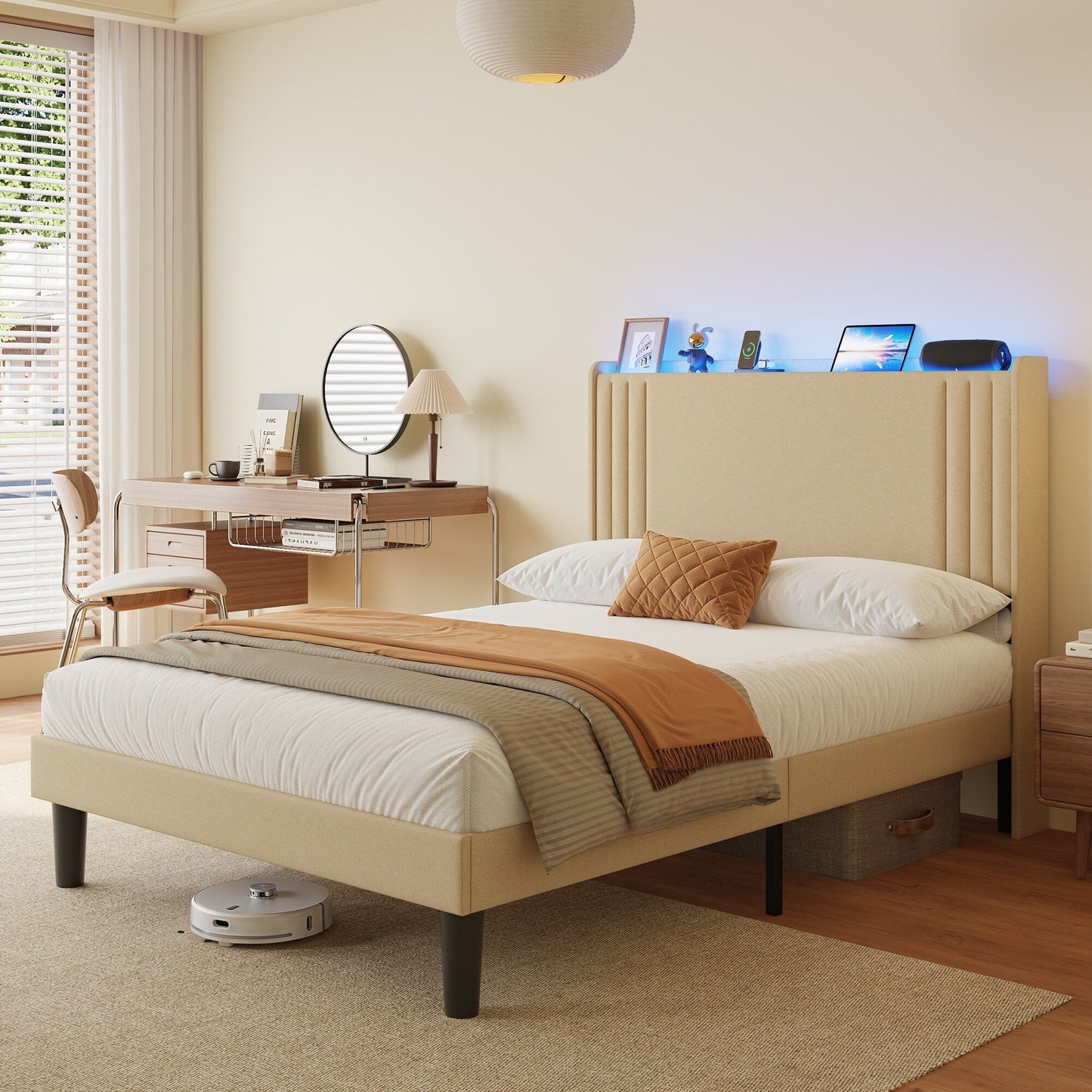 Queen/ Full Vertical Channels Upholstered Bed with Wingback Headboard