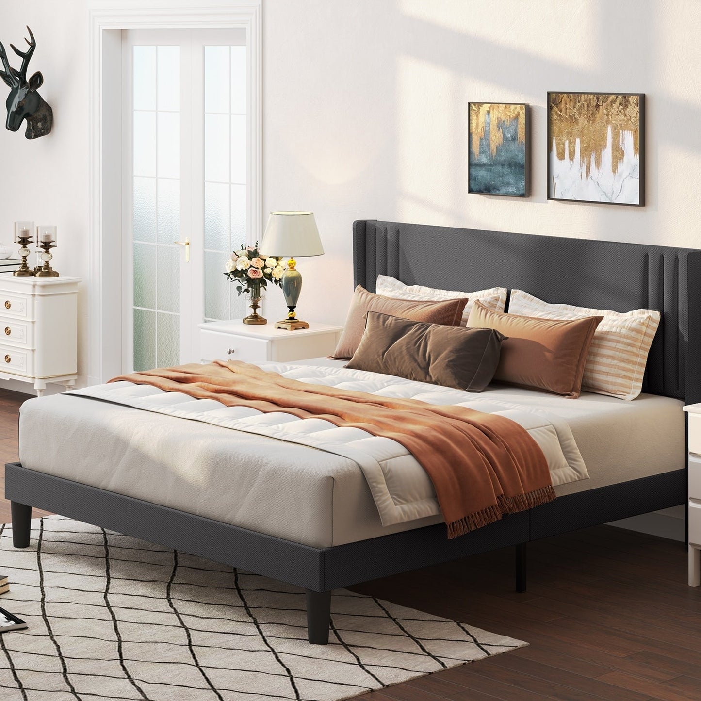 Queen/ Full Vertical Channels Upholstered Bed with Wingback Headboard