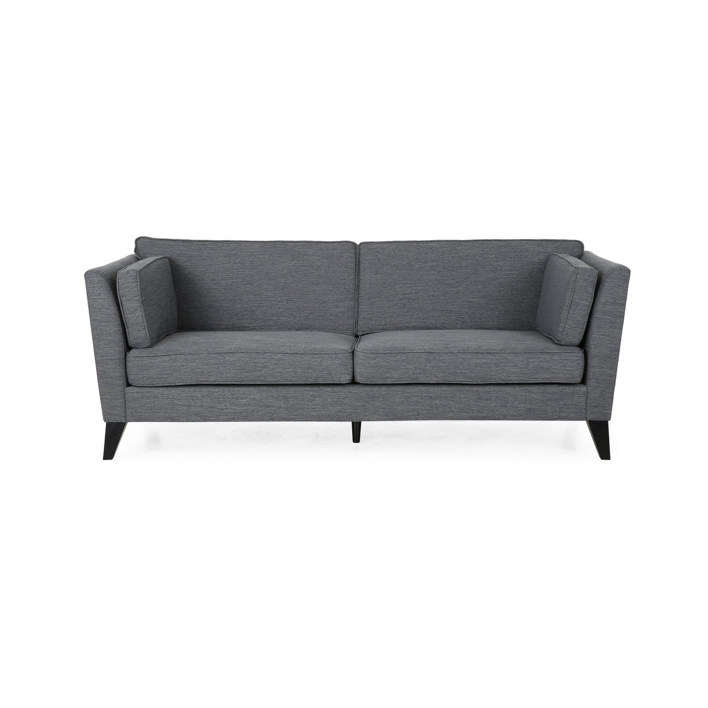 Canapé Reed, 2 coussins latéraux, revêtement en polyester gris, bois noir, 210 cm