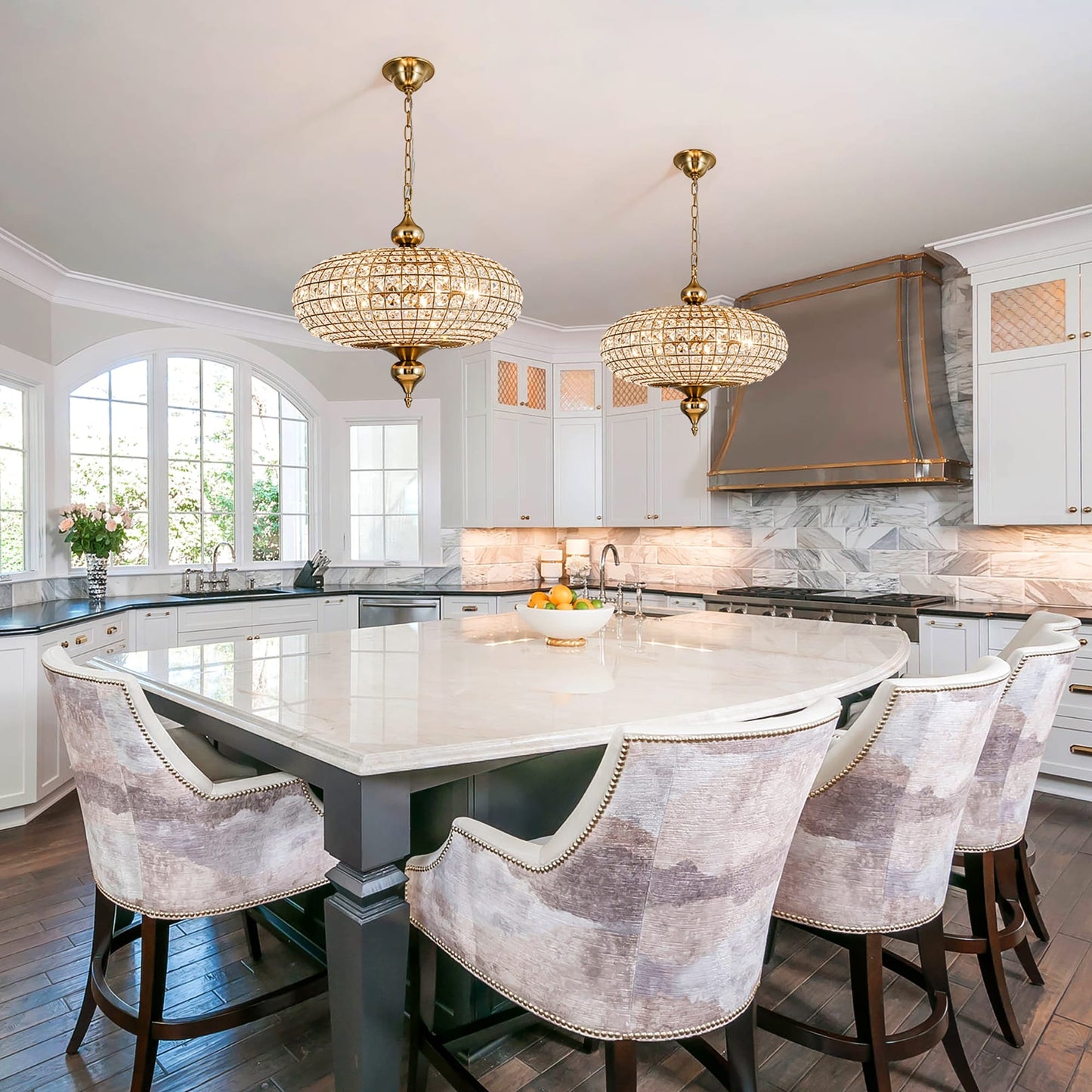 Retro French 4/5-Light Antique Brass Globe Crystal Chandelier Kitchen Island Pendant