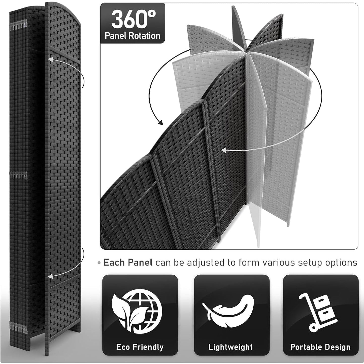 Room Divider Folding Privacy Screen Tall Partition Foldable Wall 8 Panel - 96” L x 19.50” W x 69” H