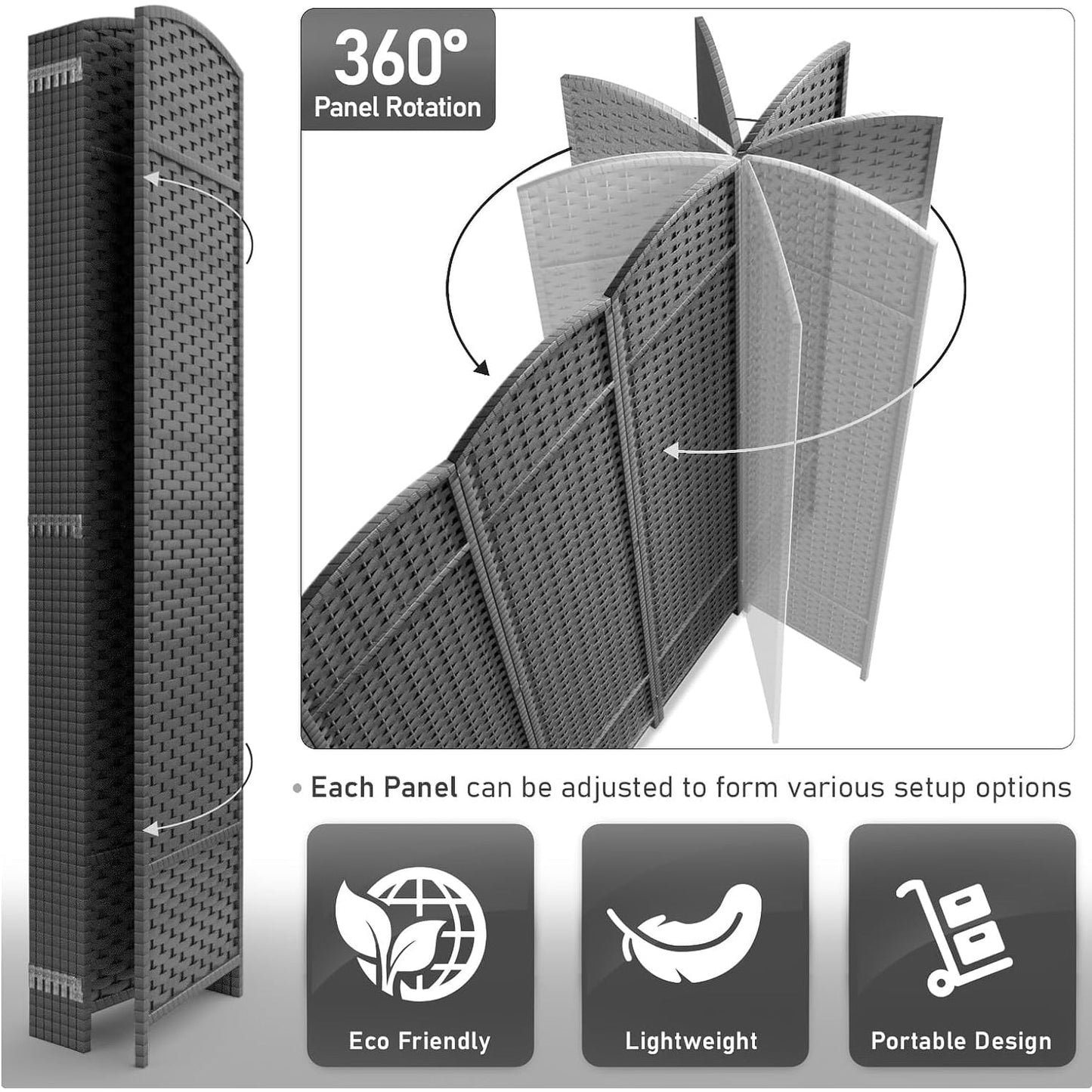 Room Divider Folding Privacy Screen Tall Partition Foldable Wall 8 Panel - 96” L x 19.50” W x 69” H