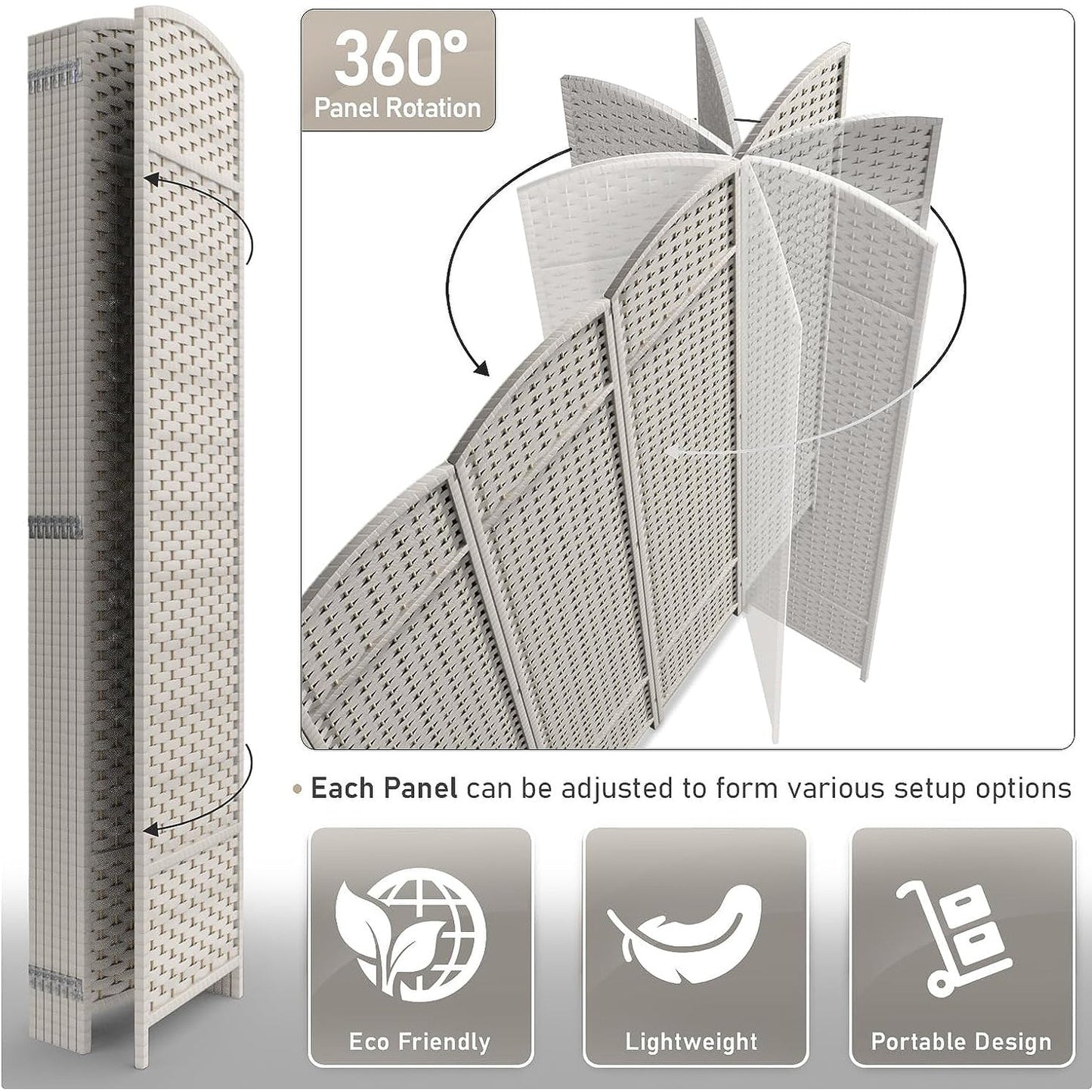 Room Divider Folding Privacy Screen Tall Partition Foldable Wall 8 Panel - 96” L x 19.50” W x 69” H