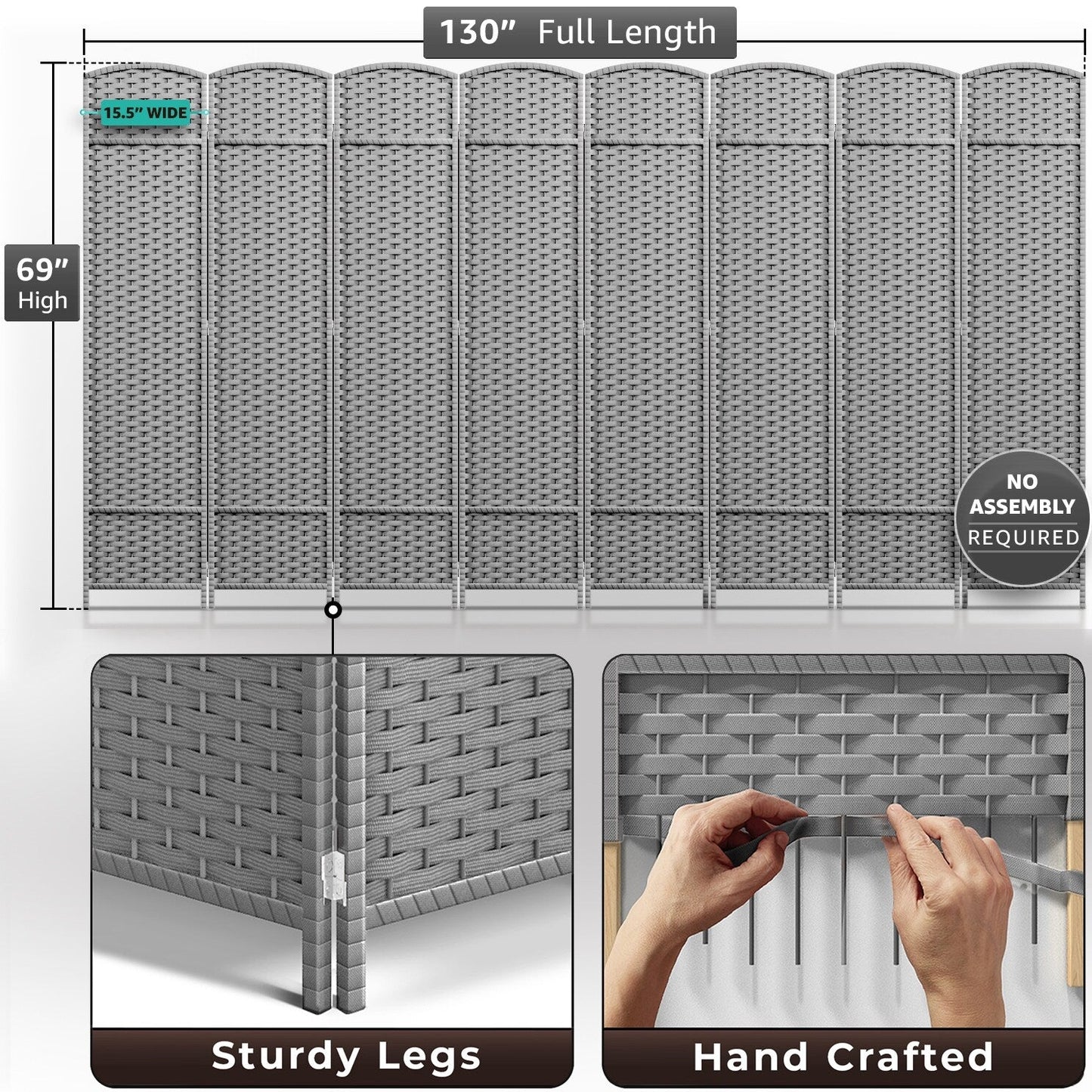 Room Divider Folding Privacy Screen Tall Partition Foldable Wall 8 Panel - 96” L x 19.50” W x 69” H