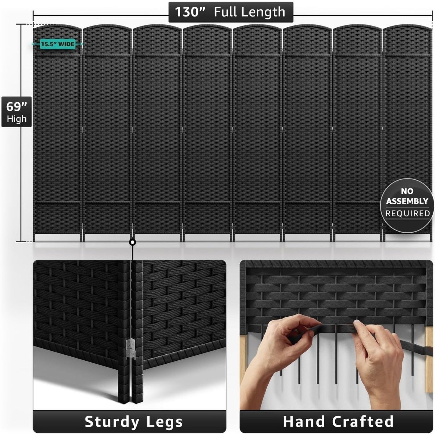 Room Divider Folding Privacy Screen Tall Partition Foldable Wall 8 Panel - 96” L x 19.50” W x 69” H