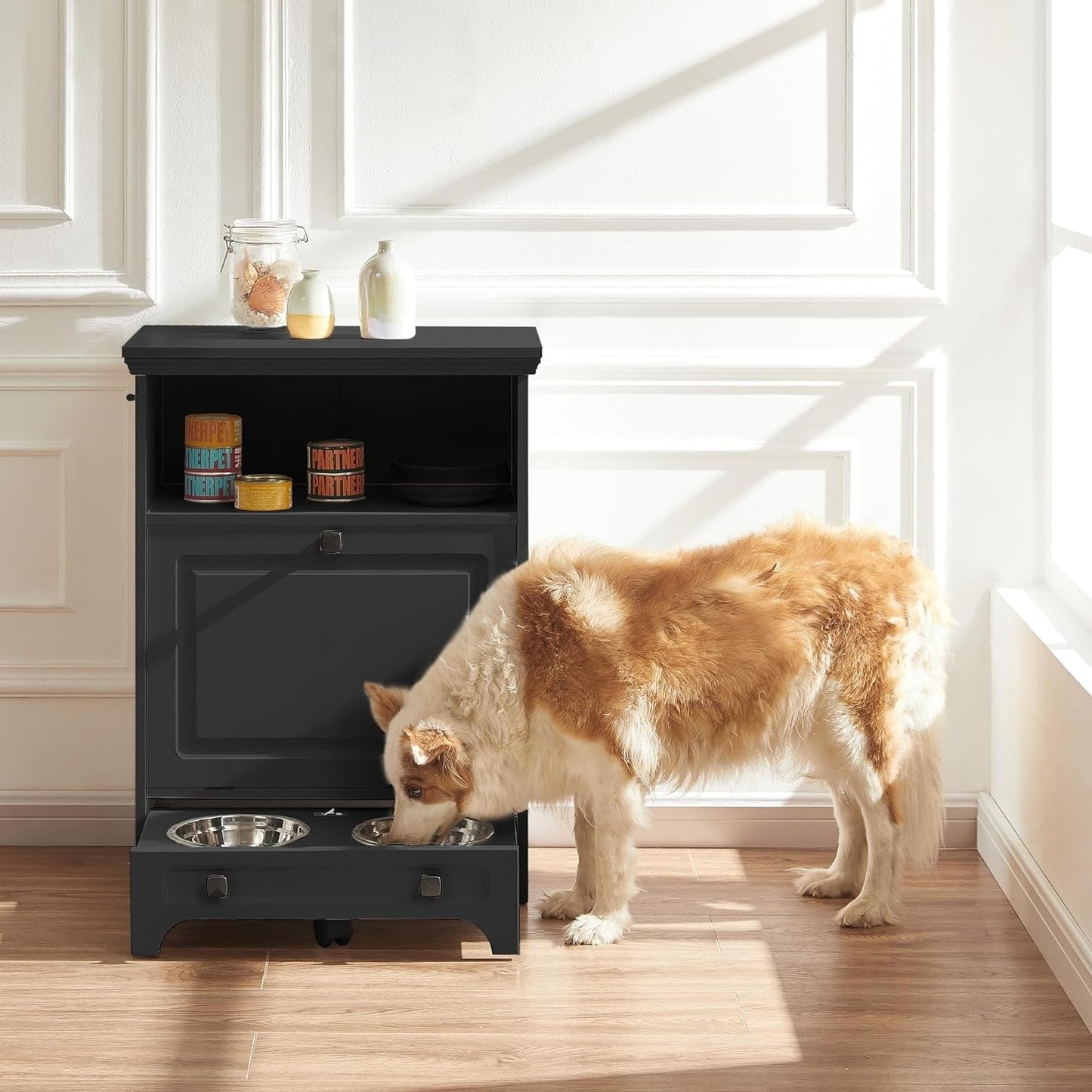 Roomfitters Dog Feeding Station with 2 Elevated Dog Bowls, Tilt Out Pet Feeding Cabinet Station