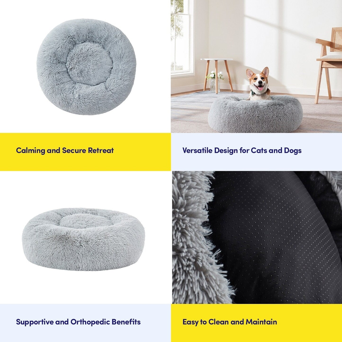 Round Calming Soft Warm Shaggy Plush Faux Fur Donut Pet Dog Cat Sleeping Bed