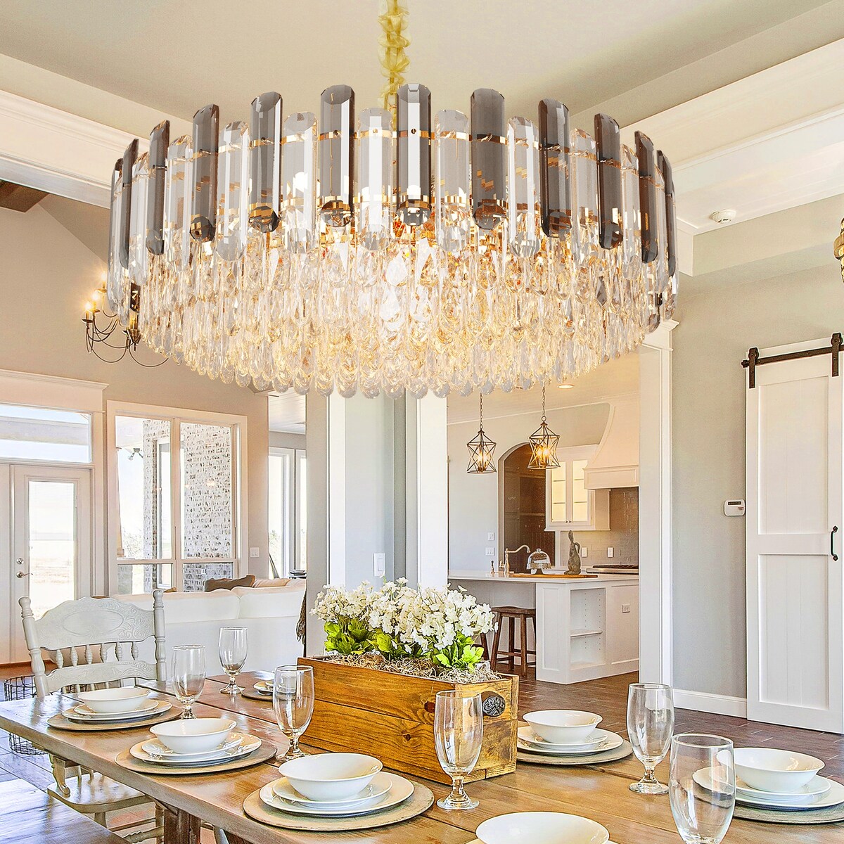Round Layer Shining Crystal Ceiling Chandelier Lamp with 3 Color Lighting Pendant Light Fixture