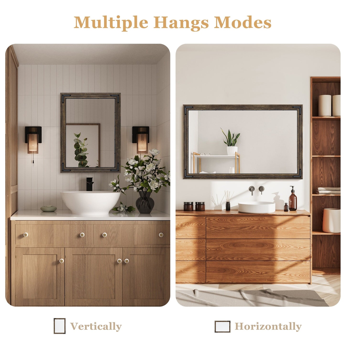 Rustic Wooden Framed Wall Mirror, Natural Wood Bathroom Vanity Mirror