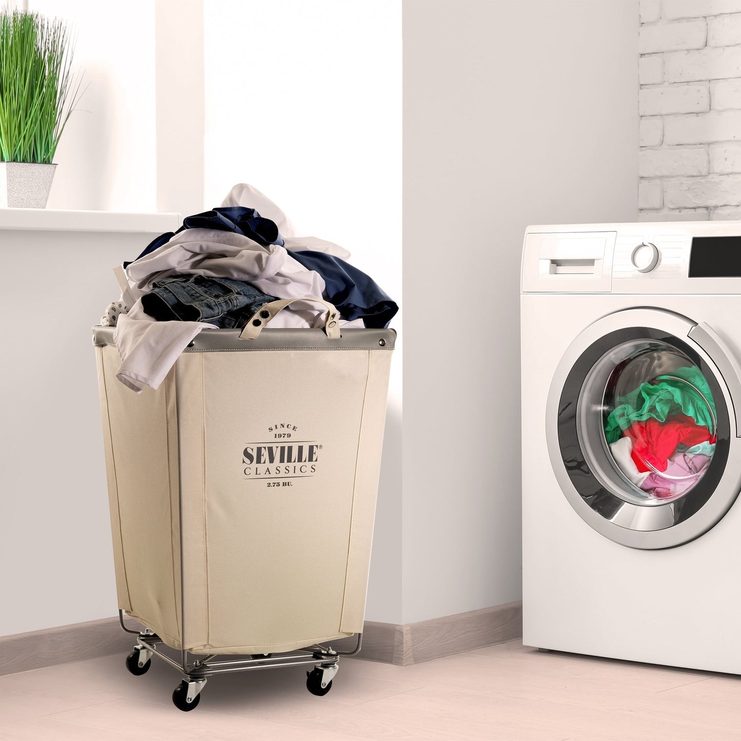 Seville Classics Commercial Heavy-Duty Canvas Laundry Removable Basket Hamper with Wheels, 18.25 D x 18.25 W x 27.5 H