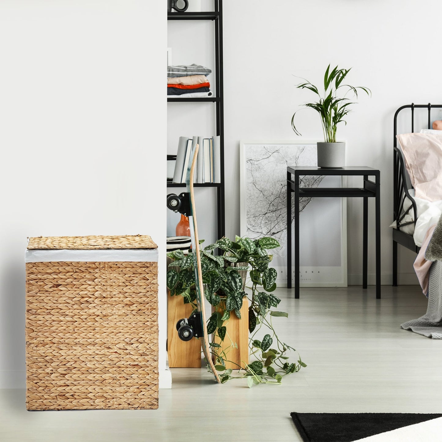 Seville Classics Lidded Foldable Water Hyacinth Portable Rectangular Laundry Hamper Basket with Washable Liner