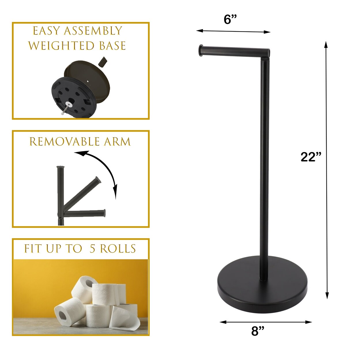 Sleek Toilet Paper Holder with Folding Arm and Reserve Compact Freestanding Metal Holder - Diameter 8 inches X 22 H
